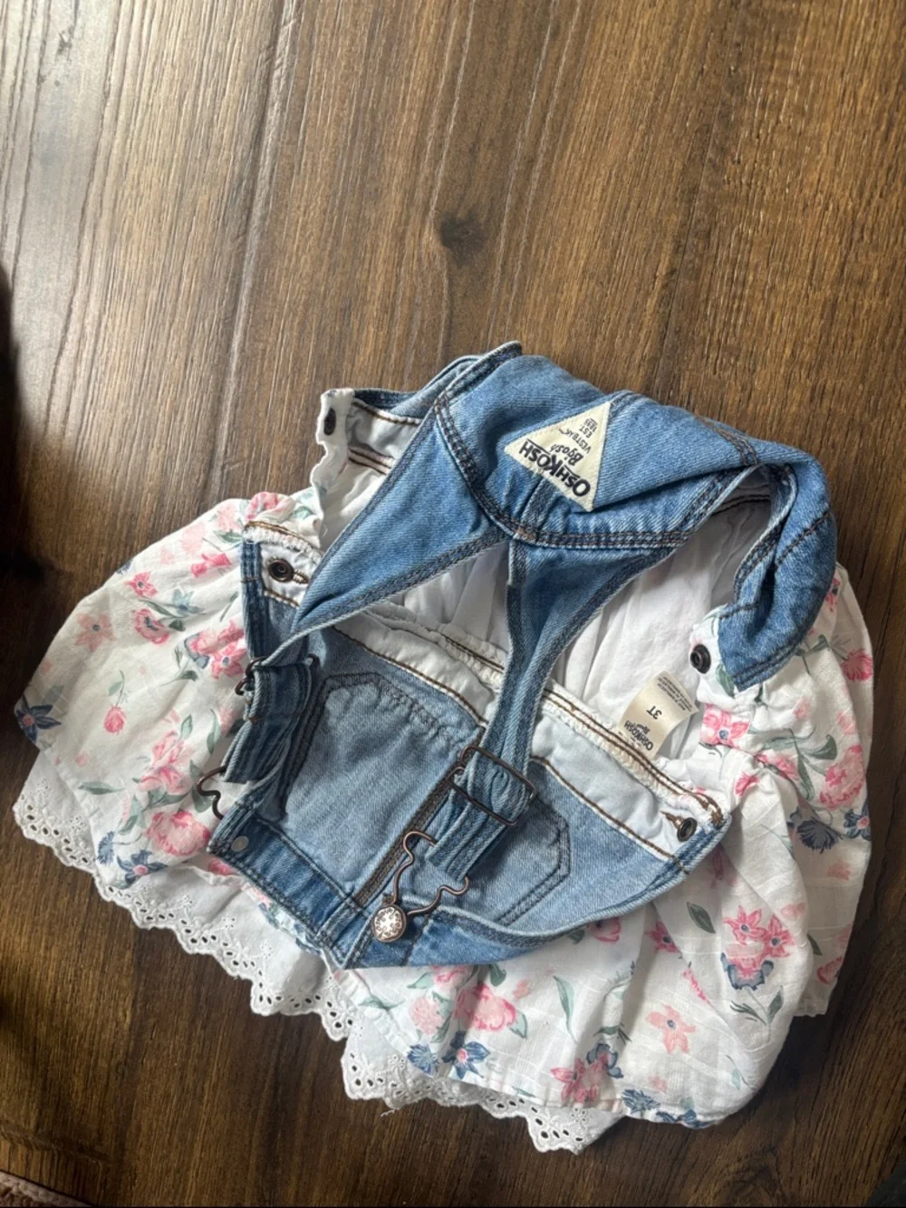 OshKosh B'gosh Denim Overall Dress with Floral Skirt - Light Blue & White